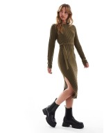 knitted midi dress with slit in khaki