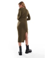 knitted midi dress with slit in khaki