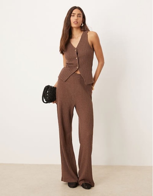 co-ord knit sveless waistcoat and trousers in chocolate