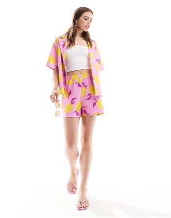 long line short and oversized shirt co-ord in pink lemon print - MULTI