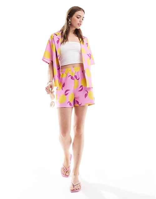 long line short and oversized shirt co-ord in pink lemon print - MULTI