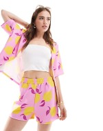 long line short and oversized shirt co-ord in pink lemon print - MULTI