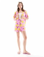 long line short and oversized shirt co-ord in pink lemon print - MULTI