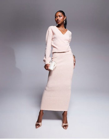 wrap tie side cardigan and maxi skirt co-ord in pink