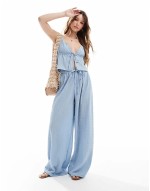 Exclusive beach textured tie front co-ord in dusty blue