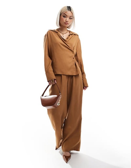 wrap tie shirt & wide leg dad trousers co-ord in tan
