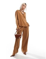 wrap tie shirt & wide leg dad trousers co-ord in tan