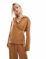 wrap tie shirt & wide leg dad trousers co-ord in tan